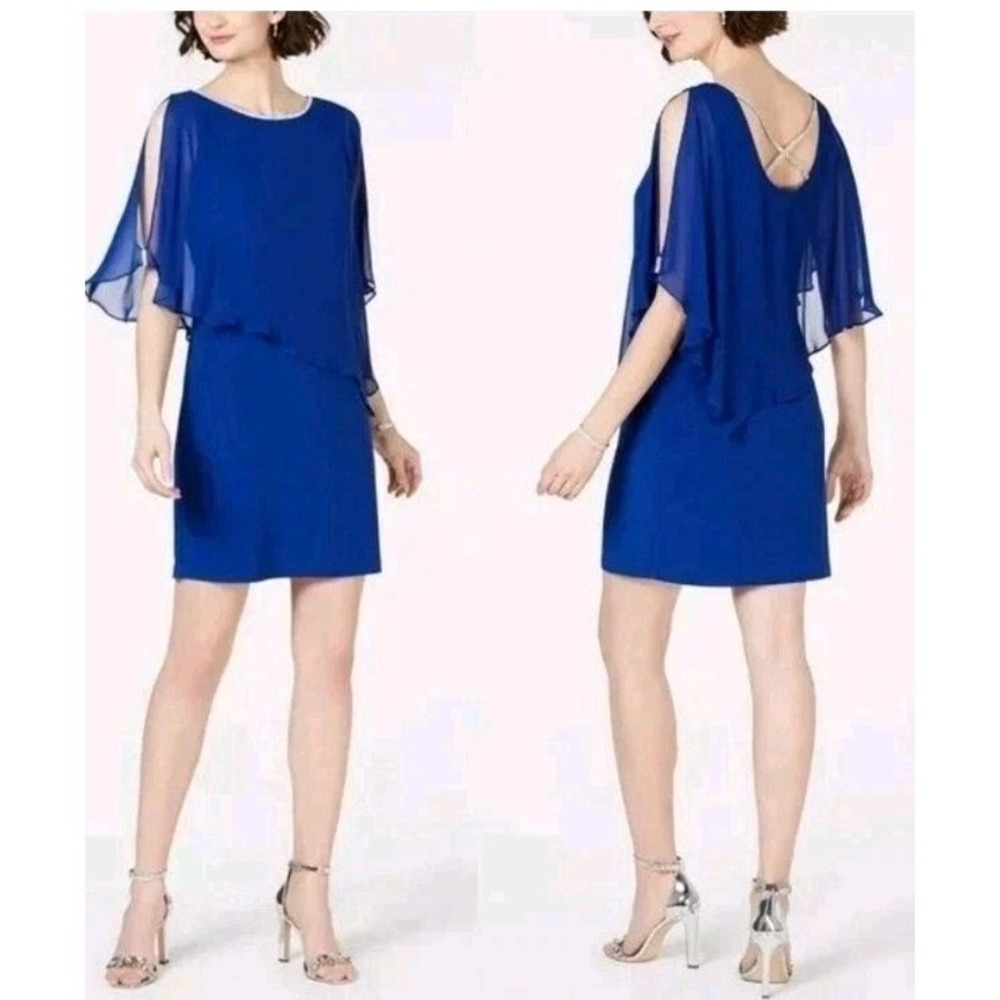 Msk L Blue Chiffon Overlay Rhinestone Trim. Party Formal Wedding